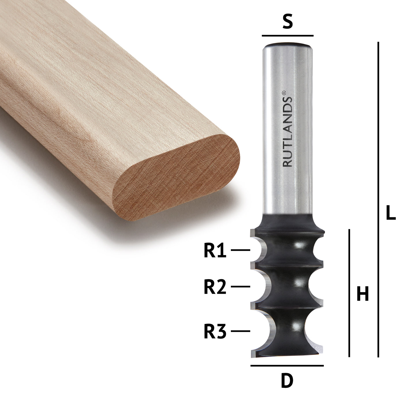 Router Bit - Loose Tenon - D=22mm H=32mm R1=3mm R2=4mm R3=5mm L=75mm S=1/2"