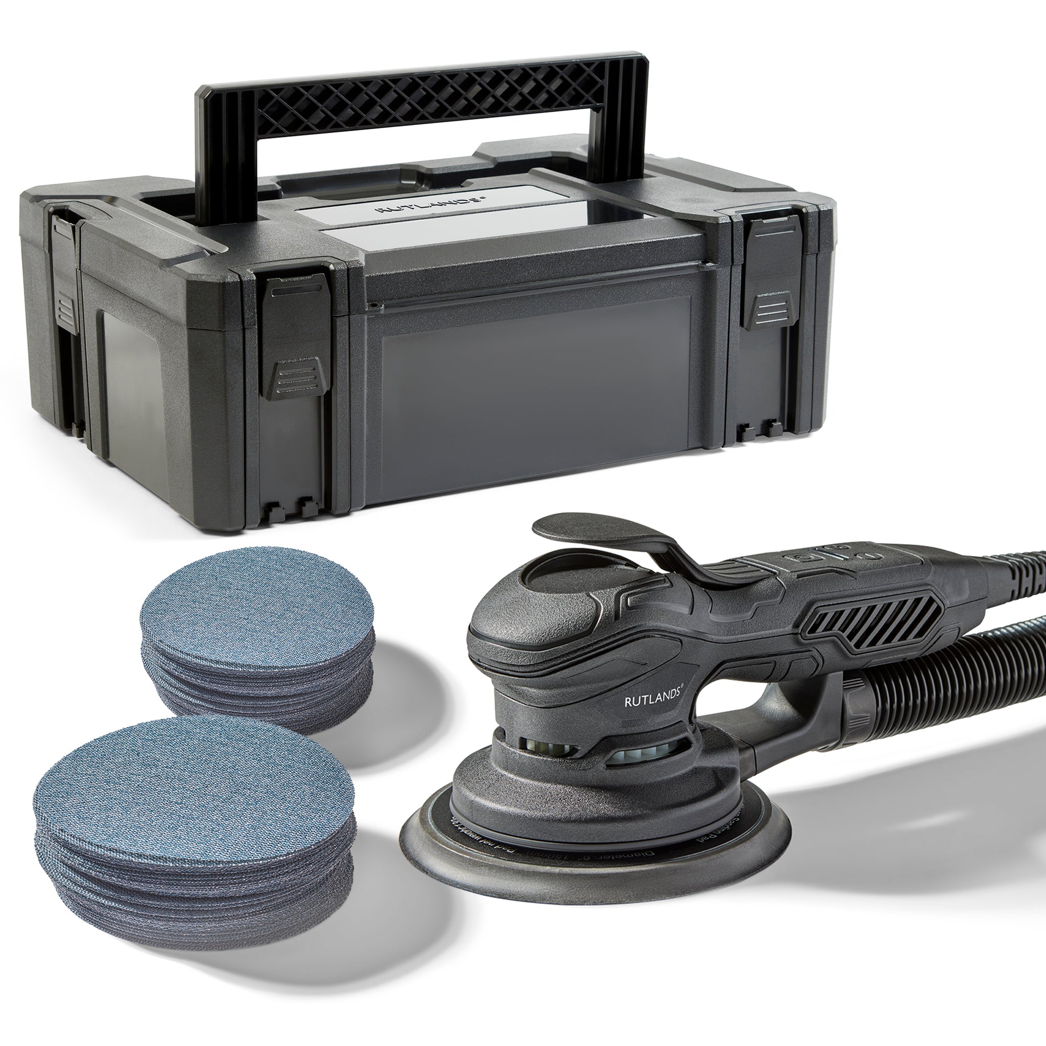 Brushless Random Orbital Sander - 125/150mm, 5.0mm Orbit with 100 Net Abrasive Discs & Storage Case