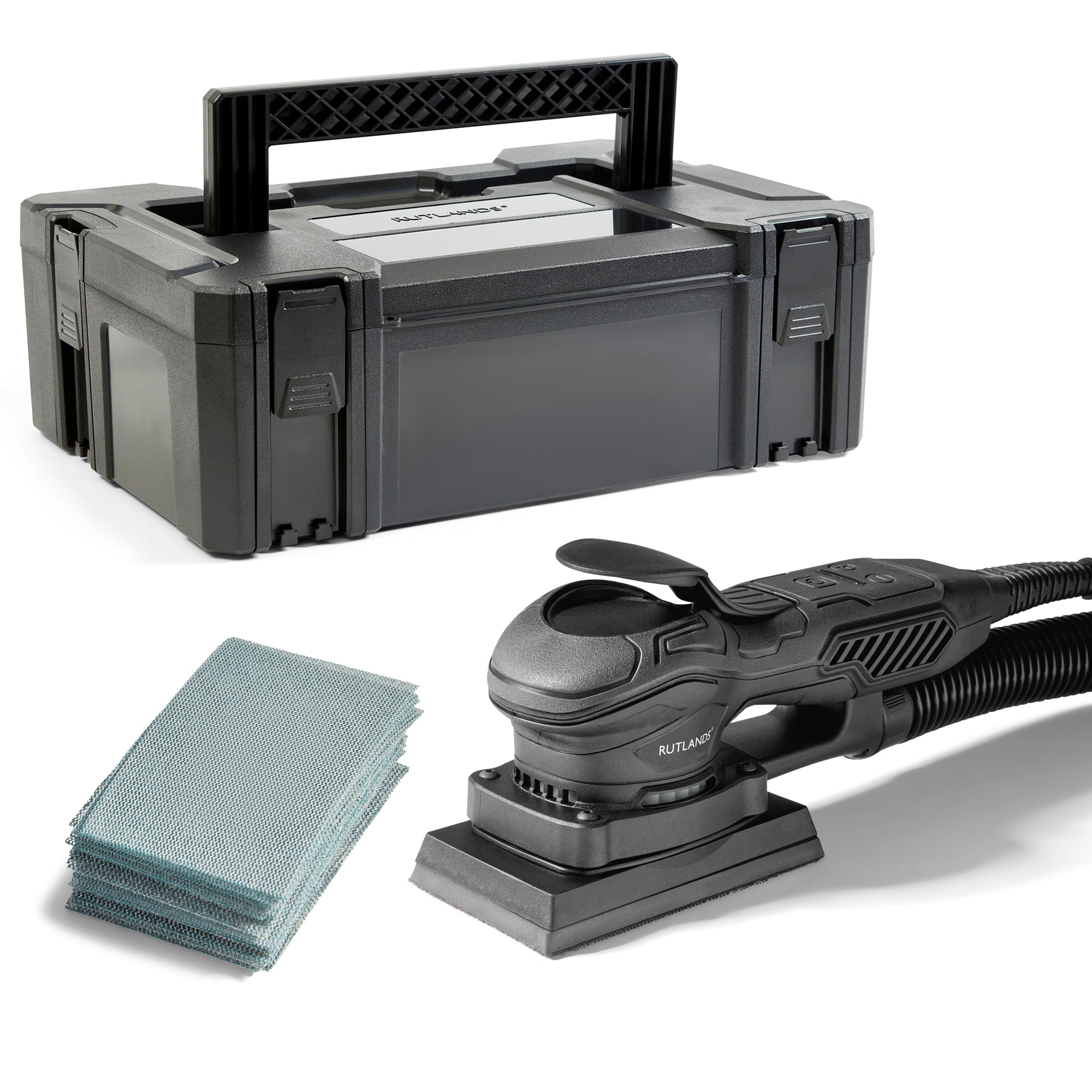 Brushless Palm Orbital Sander - 81mm x 133mm, 3.0mm Orbit with 100 Net Abrasive Sheets & Storage Case