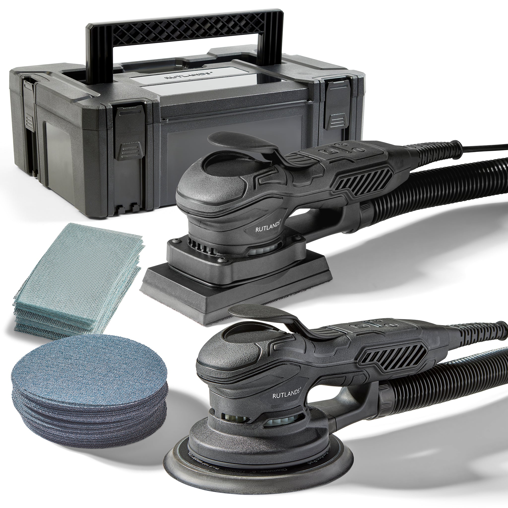Brushless Random and Palm Orbital Sanders with 100 Net Abrasive Sheets and Storage Case