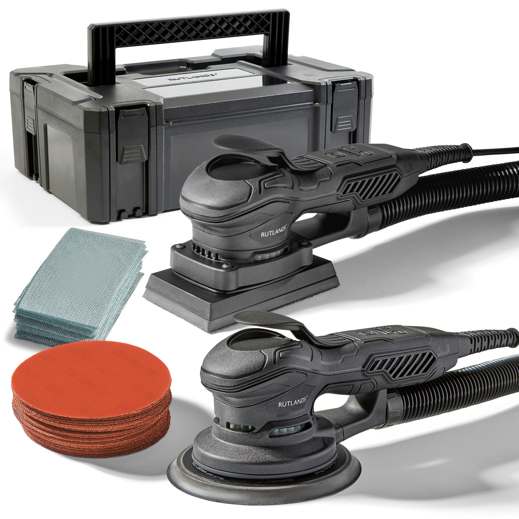 Brushless Random and Palm Orbital Sanders with 100 Net Abrasive Sheets and Storage Case
