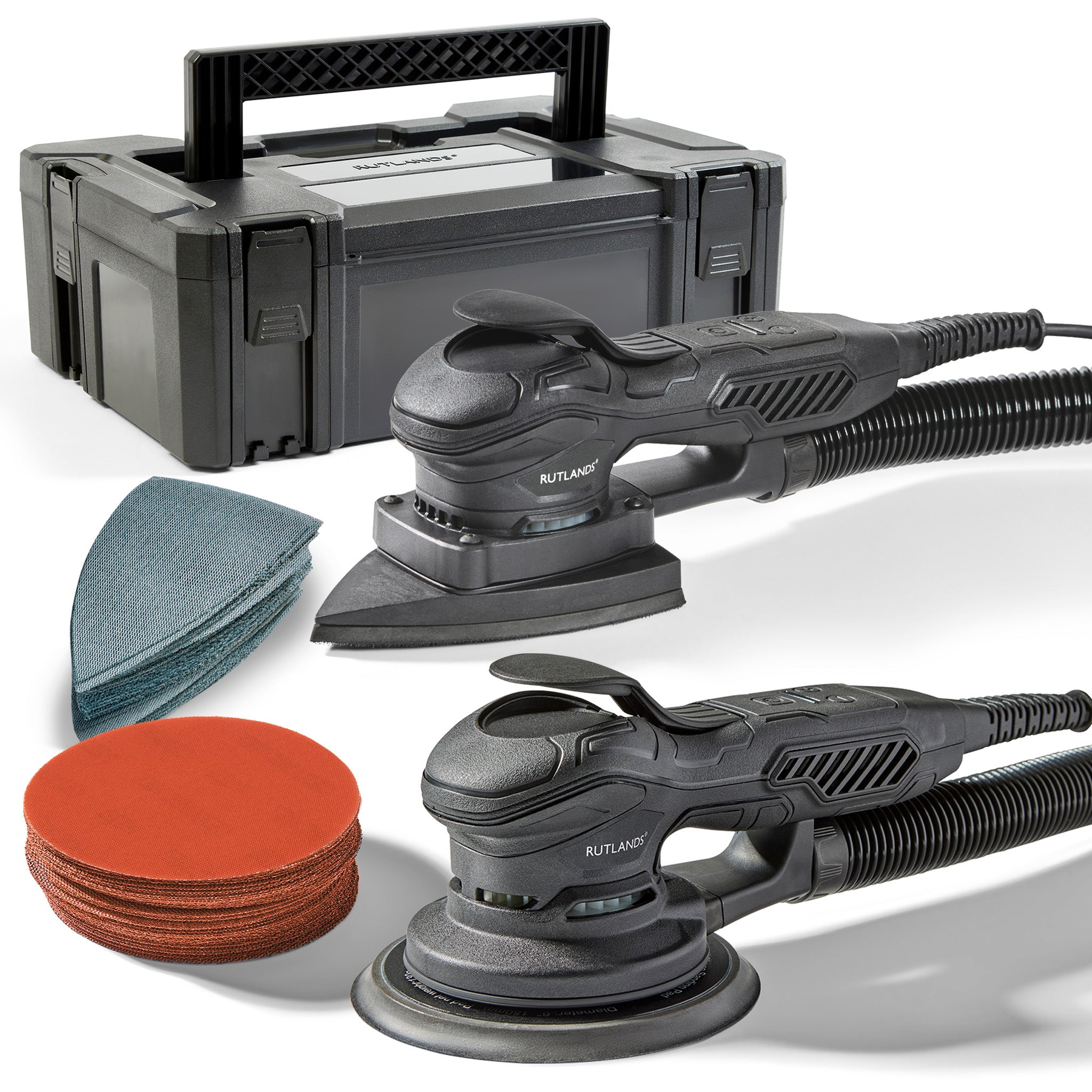 Brushless Random and Delta Orbital Sanders with 100 Net Abrasive Sheets and Storage Case