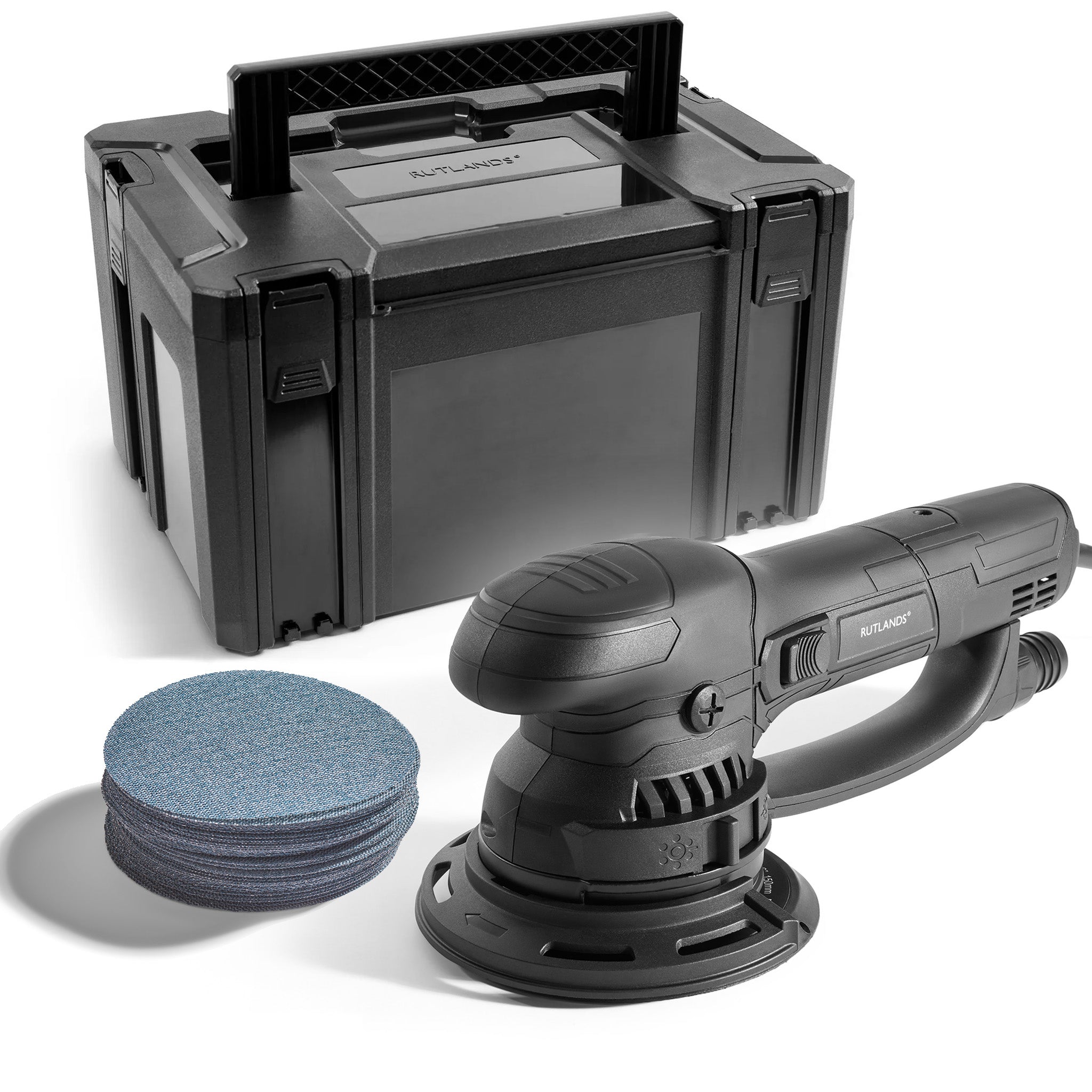 Random Orbital Sander with Turbo Gear Drive - 150mm, 5.0mm Orbit with 100 Net Abrasive Discs and Storage Case