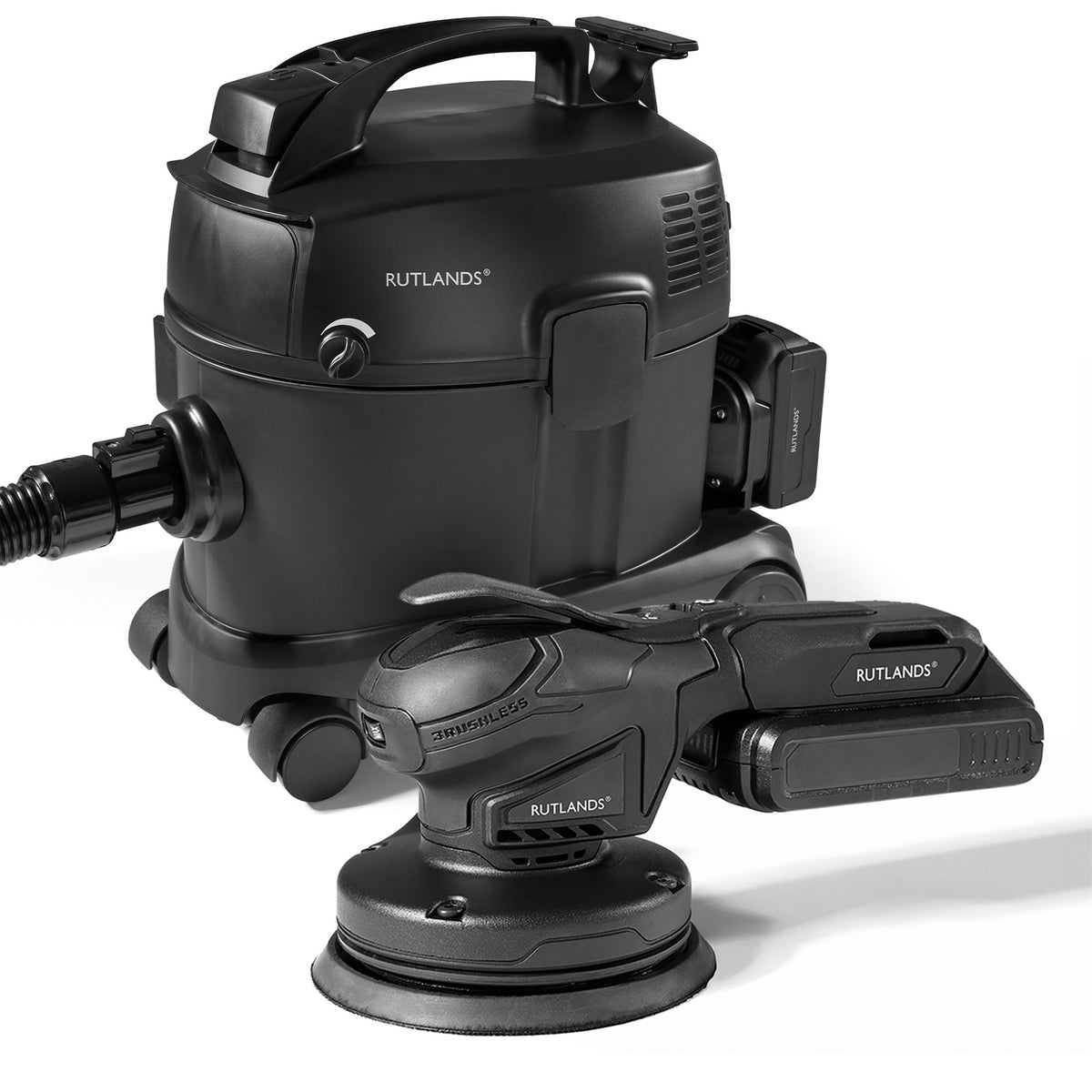 Brushless Cordless 20V Random Orbital Sander with Cordless 36V Dust Extractor - 10 Litre