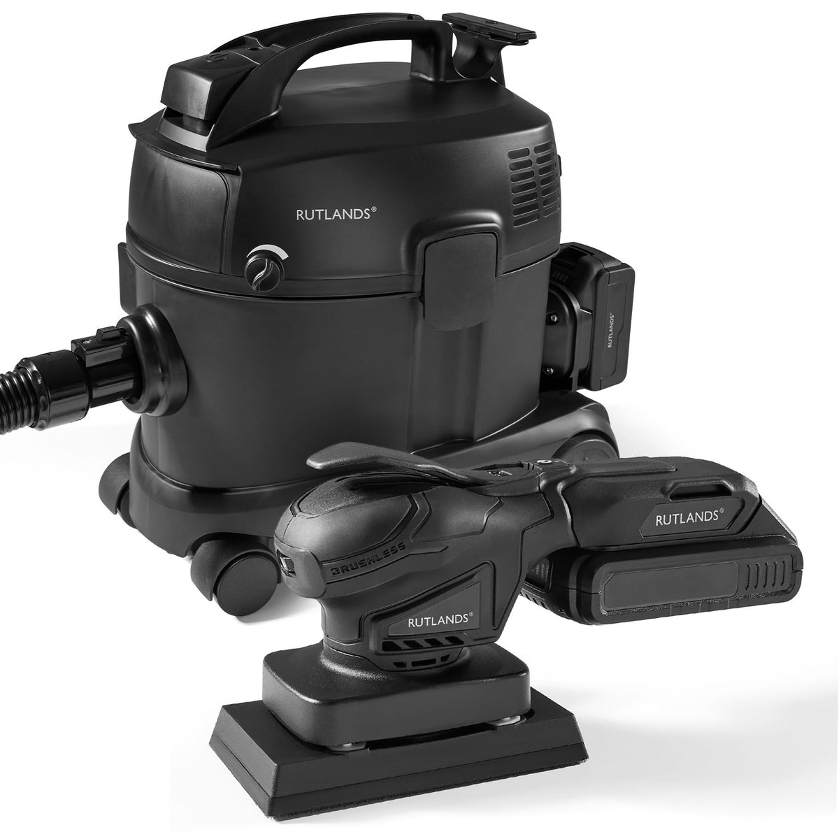 Brushless Cordless 20V Palm Orbital Sander with Cordless 36V Dust Extractor - 10 Litre