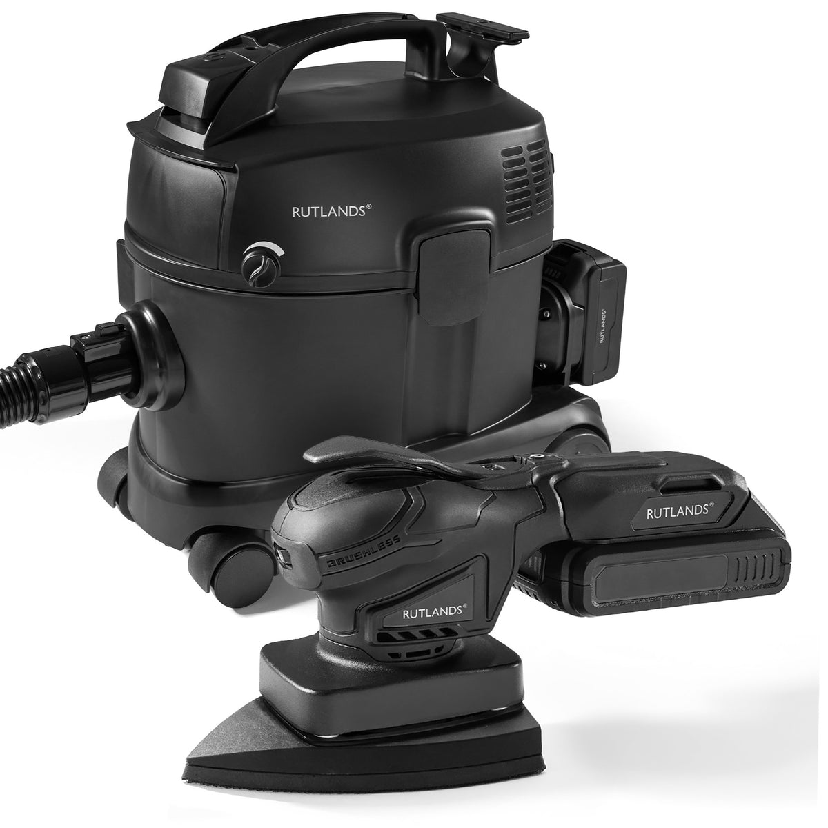 Brushless Cordless 20V Delta Orbital Sander with Cordless 36V Dust Extractor - 10 Litre