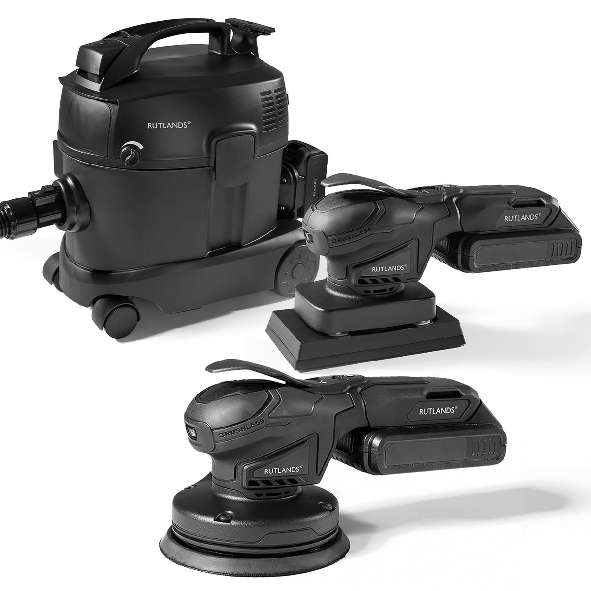 Brushless Cordless 20V Random and Palm Orbital Sanders with Cordless 36V Dust Extractor - 10 Litre