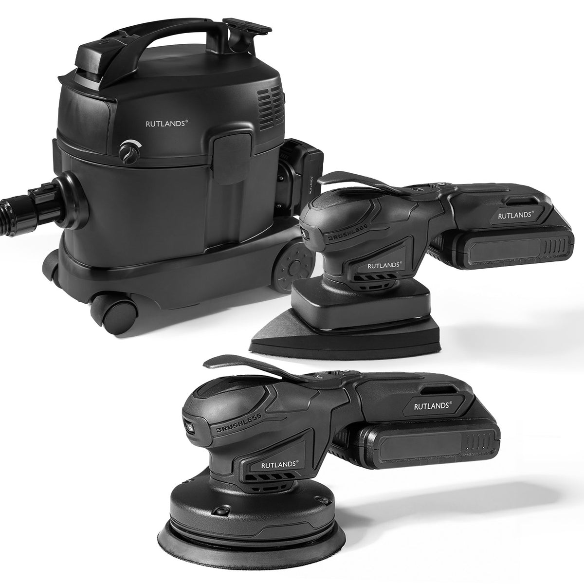 Brushless Cordless 20V Random and Delta Orbital Sanders with Cordless 36V Dust Extractor - 10 Litre