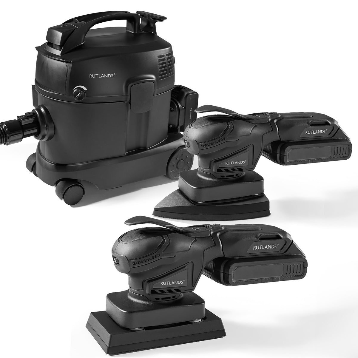 Brushless Cordless 20V Palm and Delta Orbital Sanders with Cordless 36V Dust Extractor - 10 Litre
