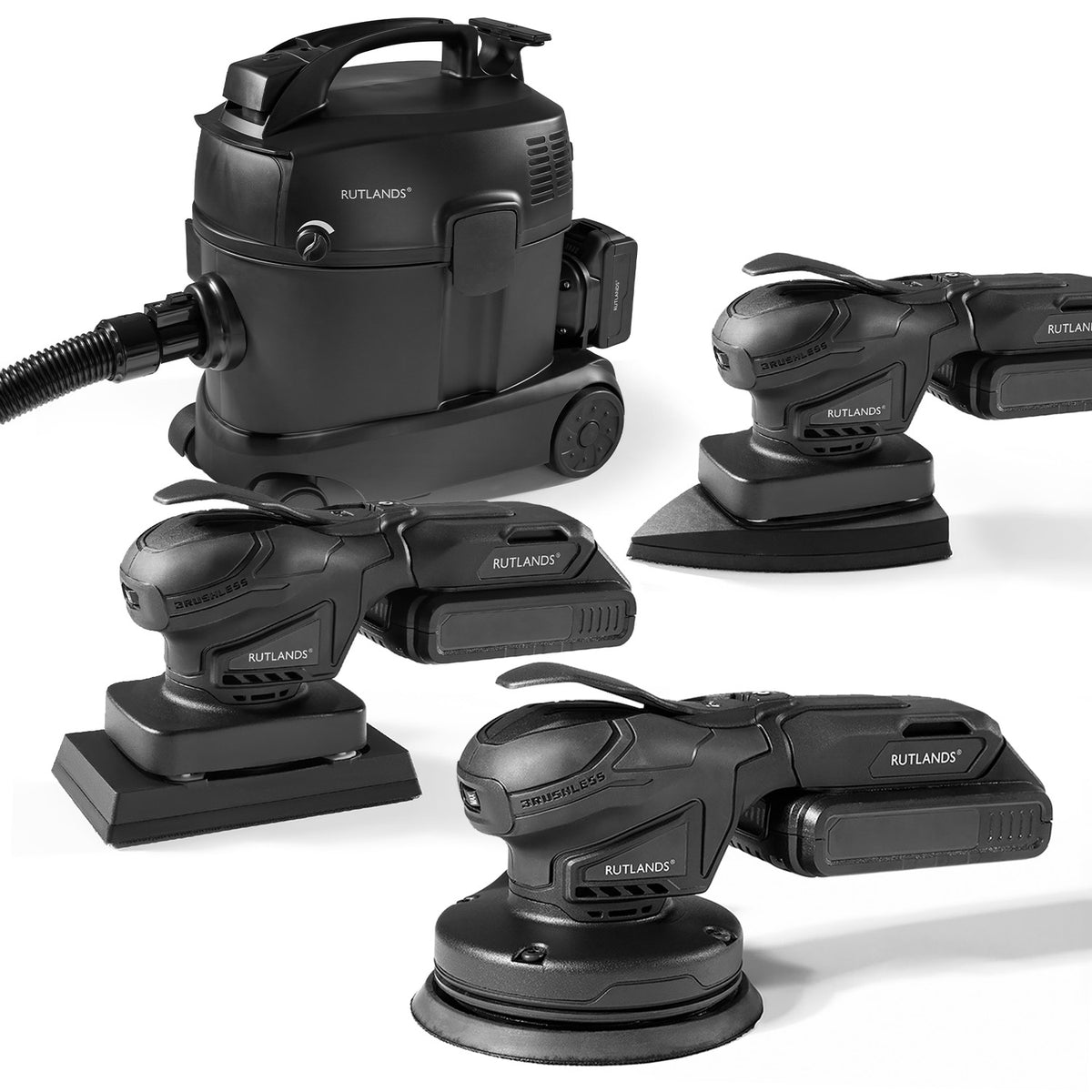 Brushless Cordless 20V Random, Palm and Delta Orbital Sanders with Cordless 36V Dust Extractor - 10 Litre