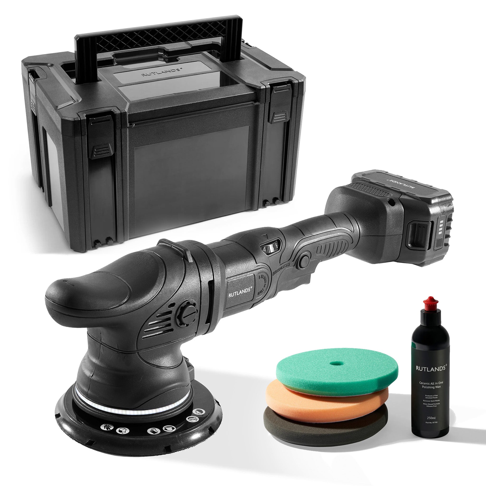 Brushless Cordless 20V Random Orbital Polisher - 15mm Orbit with 3 Polishing Pads, Wax and Storage Case