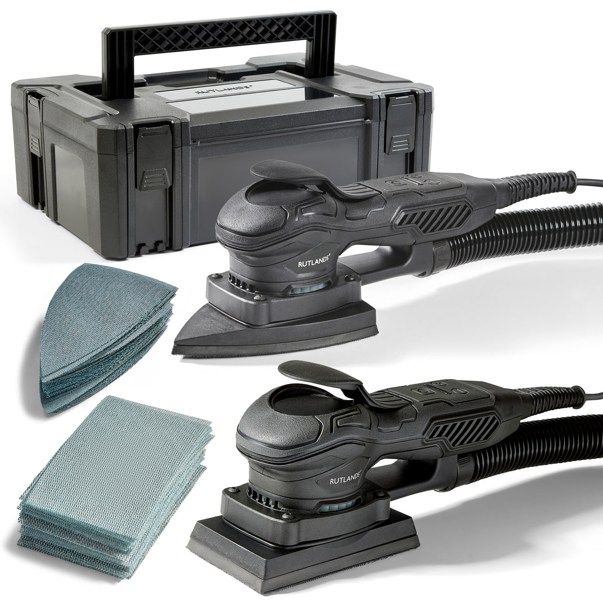 Brushless Palm and Delta Orbital Sanders with 100 Net Abrasive Sheets and Storage Case