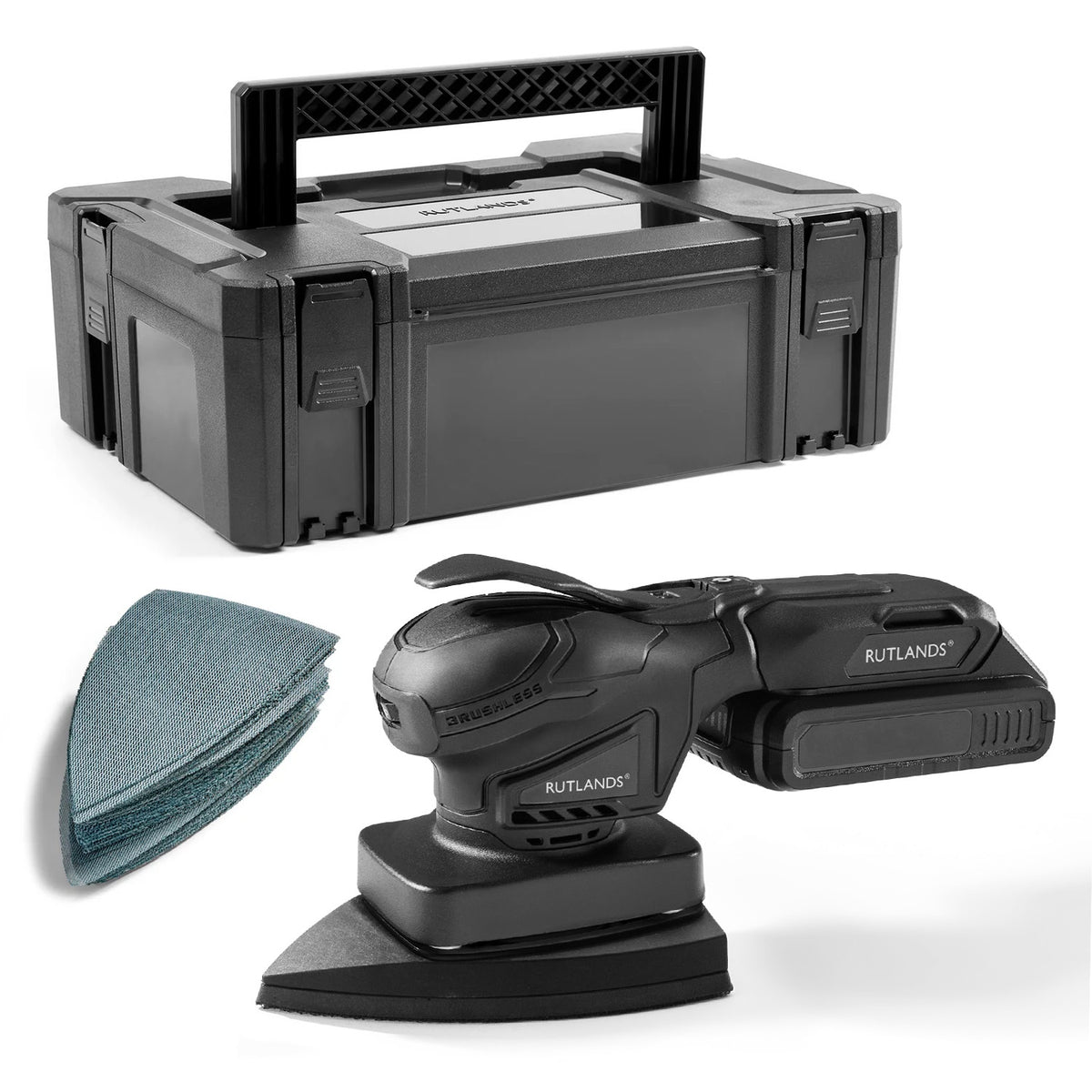 Brushless Cordless 20V Delta Orbital Sander - 100mm x 152mm, 1.5mm Orbit with 100 Net Abrasive Sheets & Storage Case