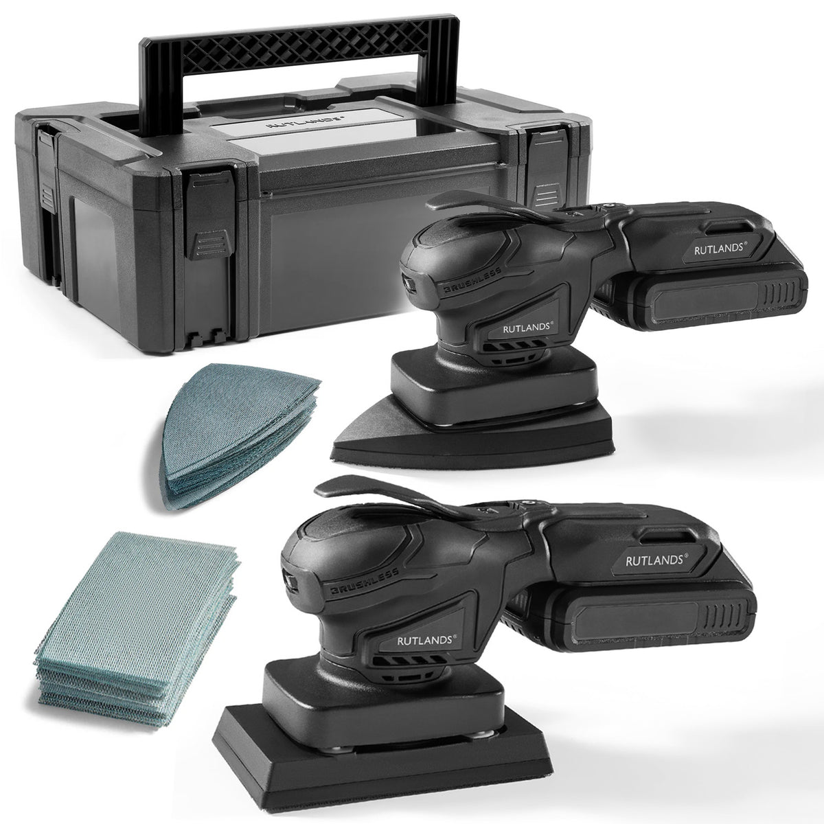 Brushless Cordless 20V Palm and Delta Orbital Sanders with 100 Net Abrasive Sheets & Storage Case