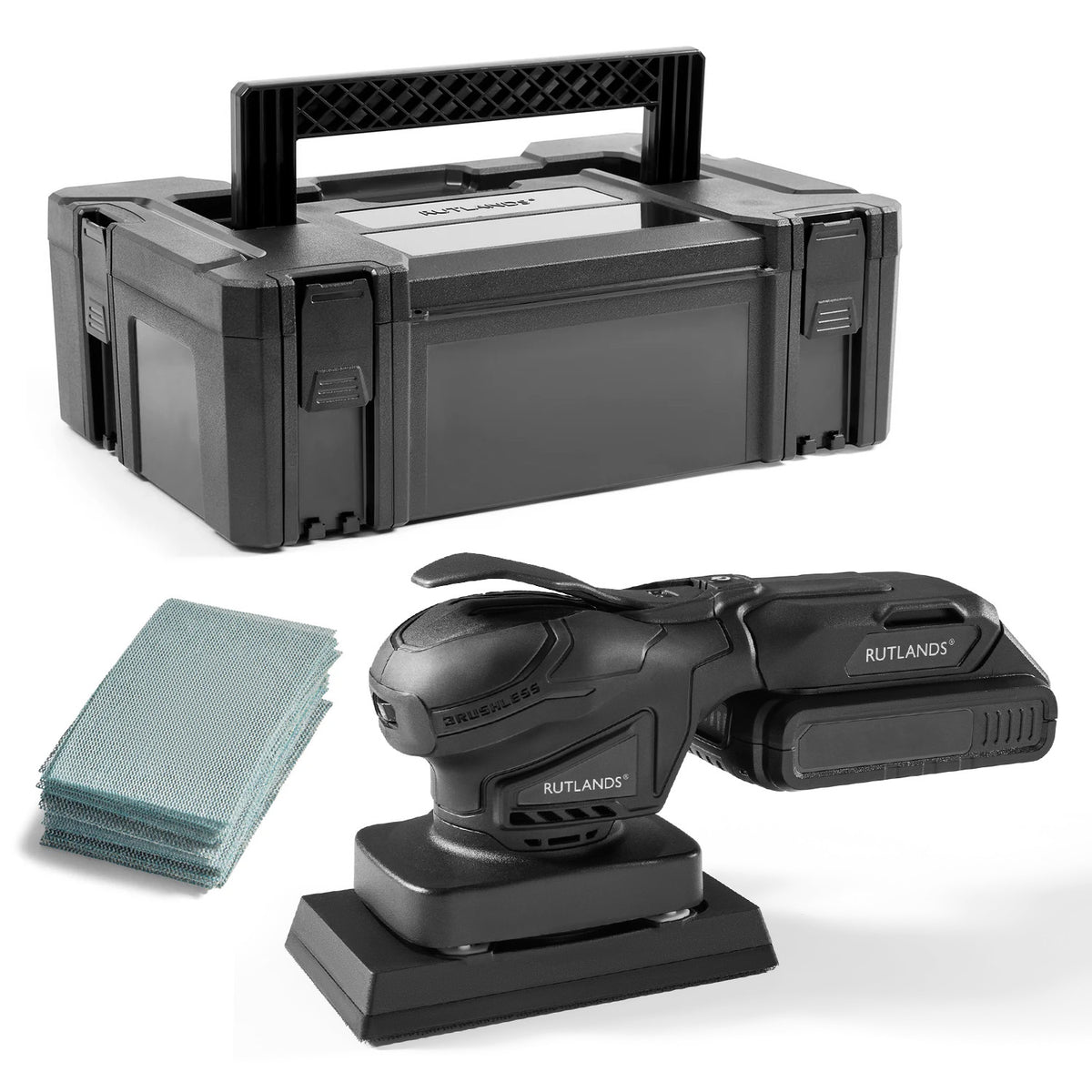 Brushless Cordless 20V Palm Orbital Sander - 81mm x 133mm, 1.5mm Orbit with 100 Net Abrasive Sheets & Storage Case