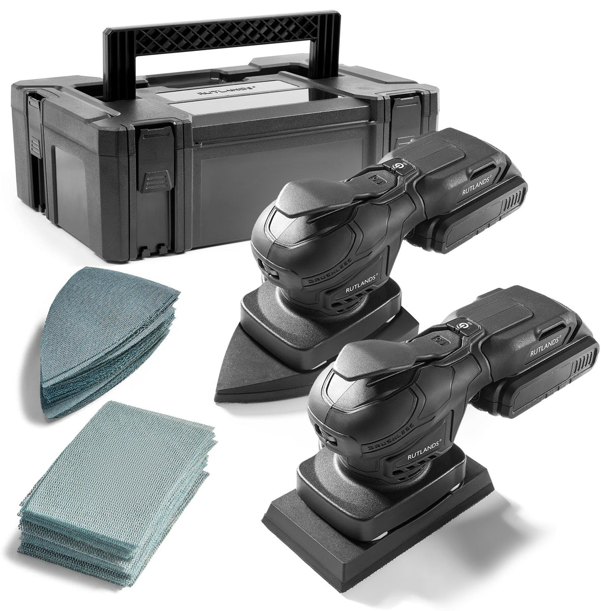 Brushless Cordless 20V Palm and Delta Orbital Sanders with 100 Net Abrasive Sheets & Storage Case