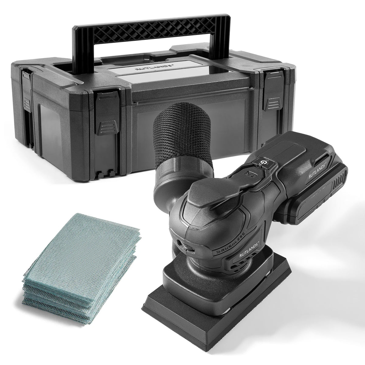 Brushless Cordless 20V Palm Orbital Sander - 81mm x 133mm, 1.5mm Orbit with 100 Net Abrasive Sheets & Storage Case