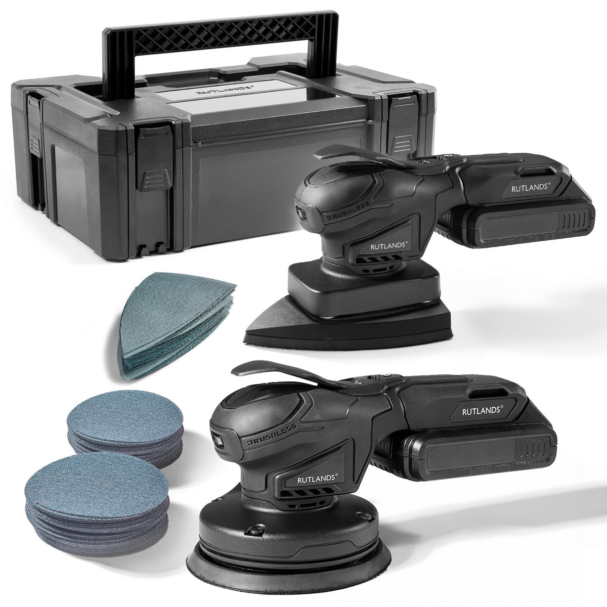Brushless Cordless 20V Random and Delta Orbital Sanders with 100 Net Abrasive Sheets & Storage Case