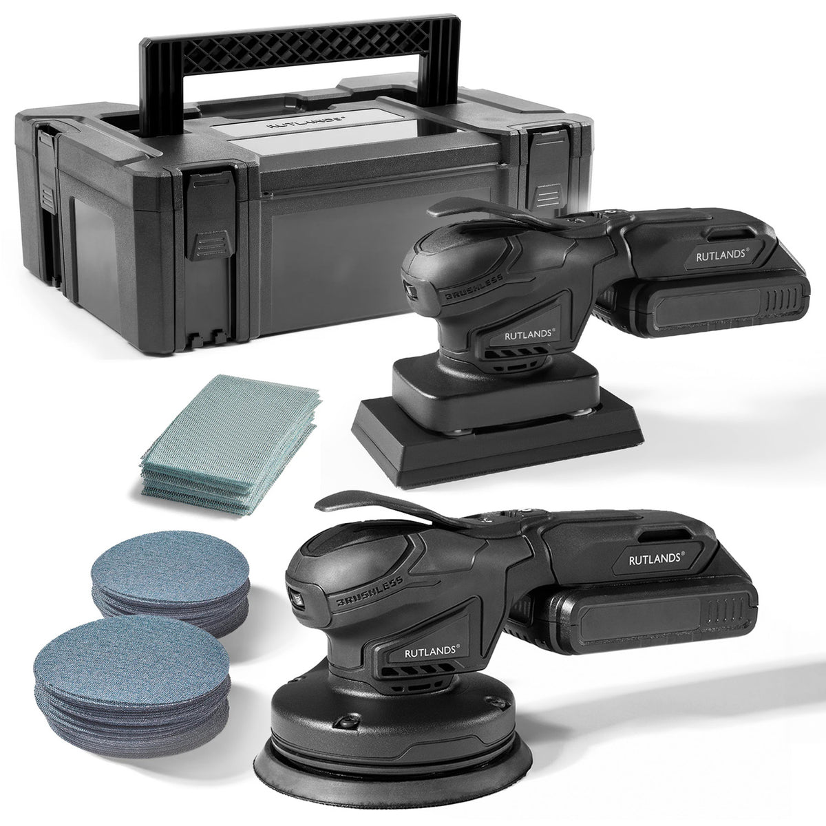 Brushless Cordless 20V Random and Palm Orbital Sanders with 100 Net Abrasive Sheets & Storage Case