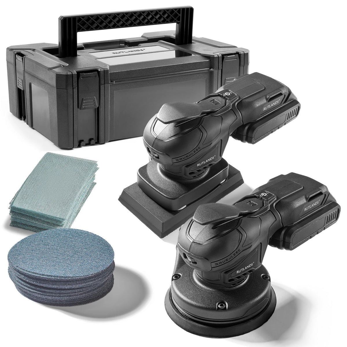 Brushless Cordless 20V Random and Palm Orbital Sanders with 100 Net Abrasive Sheets & Storage Case