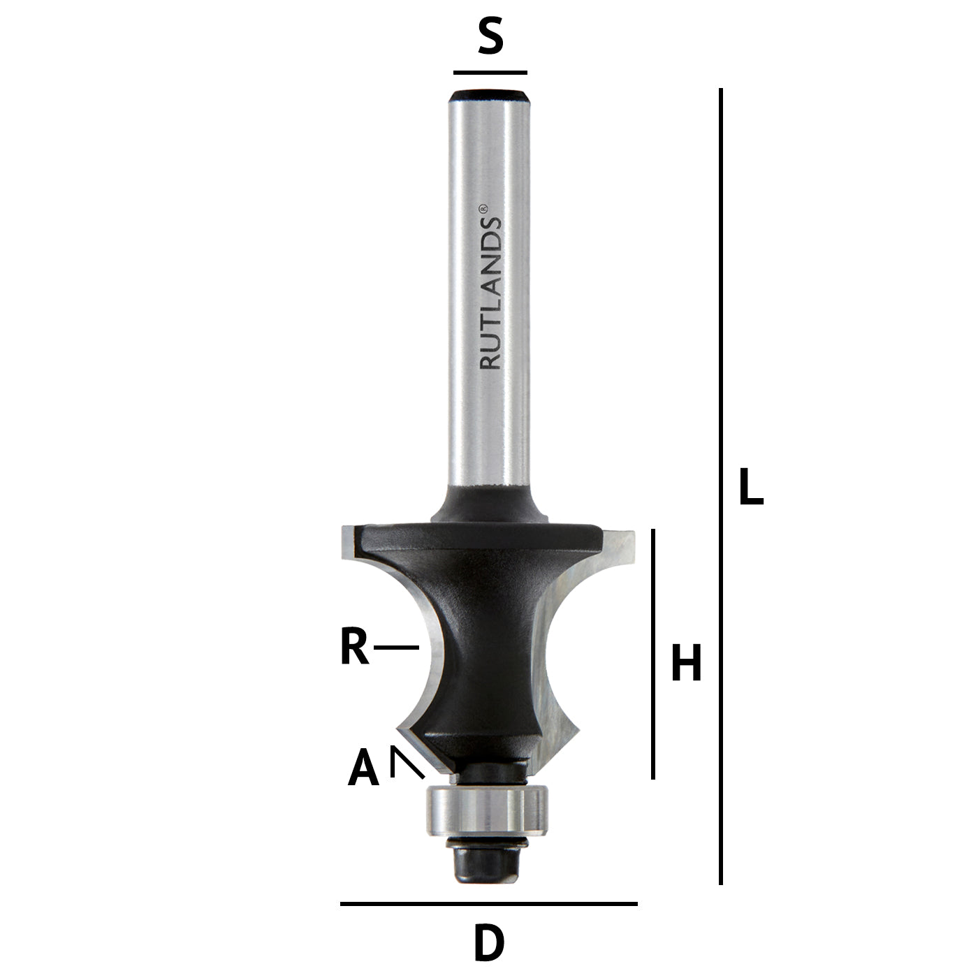 Router Bit - Knuckle Joint - D=23.8mm H=19mm A=45° R=7.14mm L=62mm S=1/4"